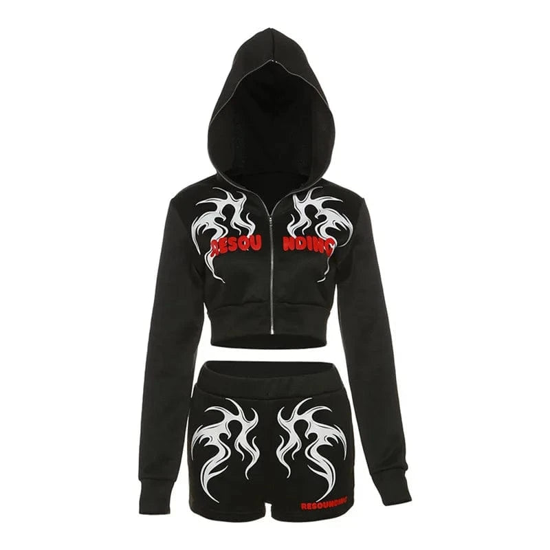 L / Black 2 Pcs Zipper Crop Top Hot Shorts Outfits Gym Wear Loungewear Girls Clothing Jogger Sweatpants And Hoodie Two Piece Women's Sets