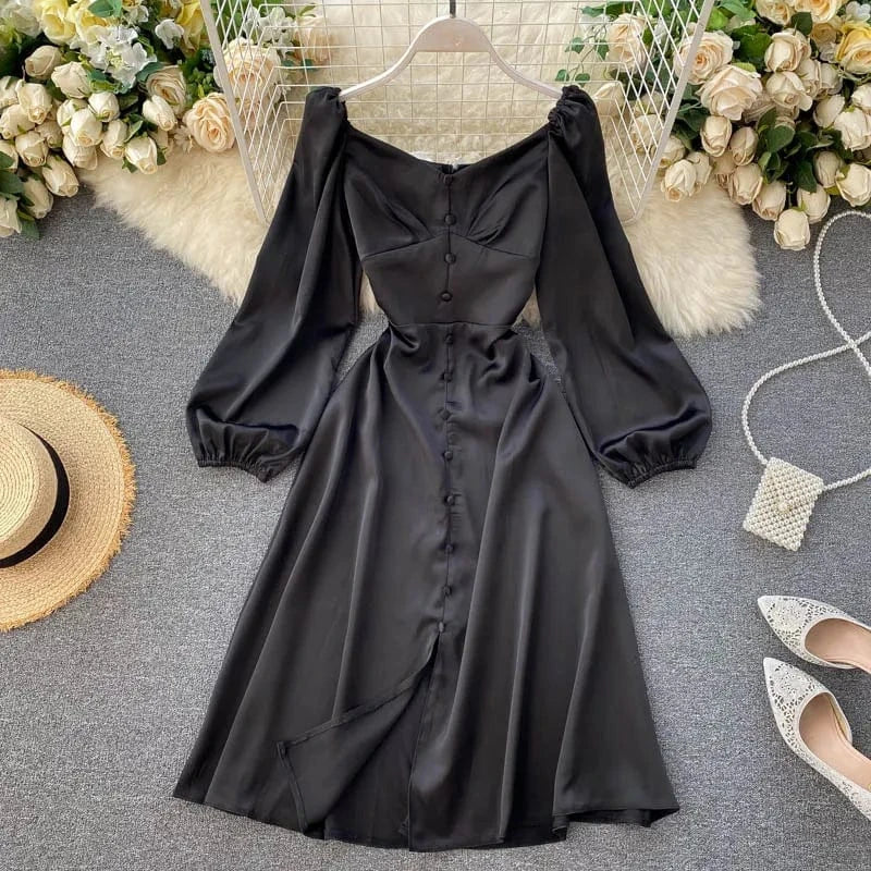 L / Black 2022 Casual Summer Dress Everyday Party Dating Outfits Button Decoration Puff Long Sleeve Plain Casual Dresses
