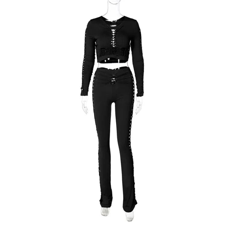 L / Black 2022 Fashion Solid Long Sleeves Cut Out Crop Top Pants 2 Pcs Matching Set Fall Irregular Sexy Y2K Outfits Women