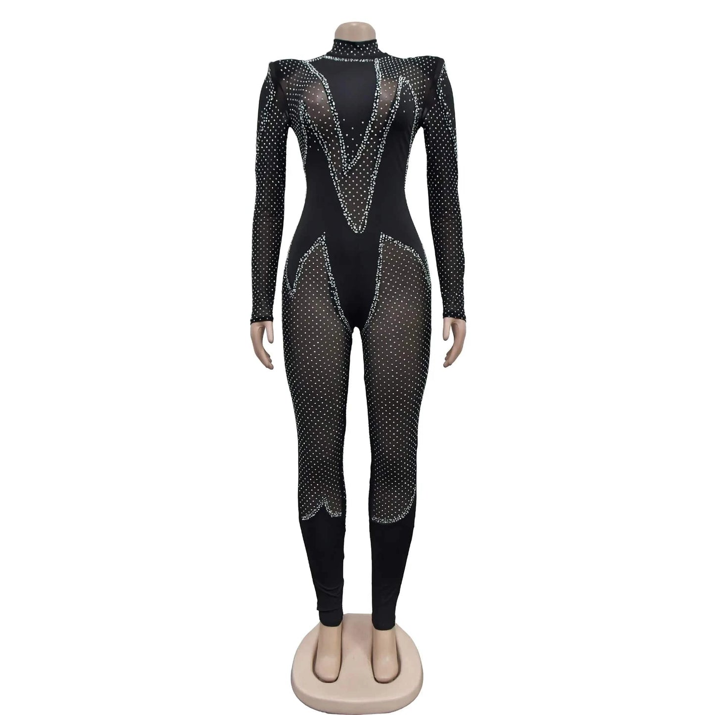 L / Black 2024 black sexy party rhinestone mesh see through skinny jumpsuit womens tight jumpsuits