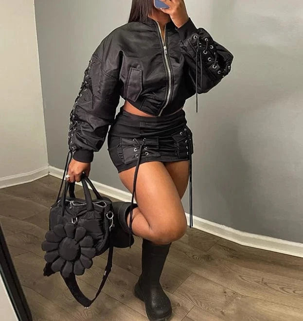 L / Black 2024 Hot Sale Autumn Streetwear Cargo Jacket Women Sexy Two 2 Piece Skirt Sets