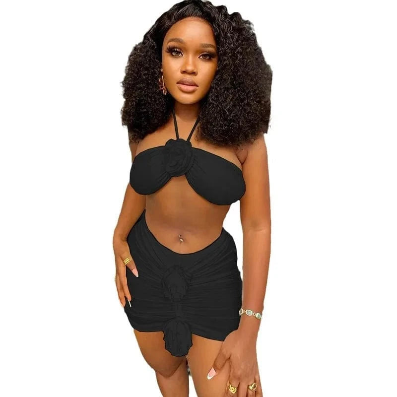 L / Black 2024 New Arrival Women's Pure Color Three-dimensional Flower Adorned Sexy Neck Wrap Bosom Skirt Suit Work Pants Length Included