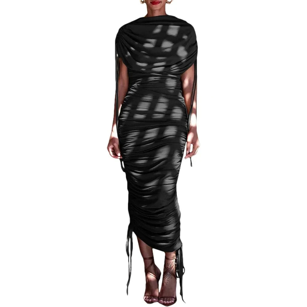 L / Black 2024 New Arrivals Hot Sale Elegant Casual Wrinkle Drawstring Zipper Irregular Pleated Long Maxi Women's Dress