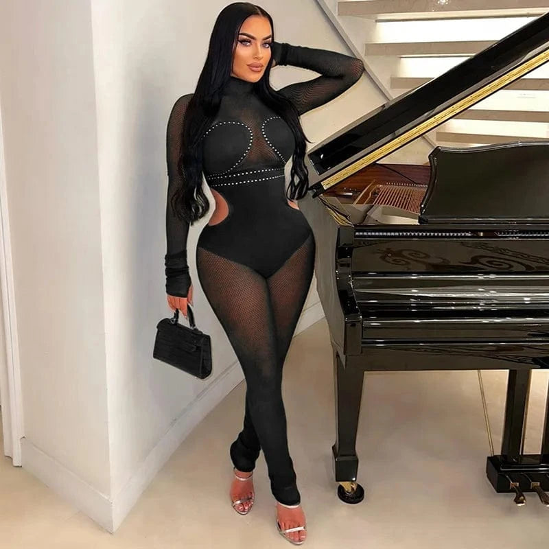 L / Black 2024 New Ladies Wear Clothes Sexy Mesh Rhinestone Patchwork Long Sleeve Cute Jumpsuits Women See Through Sexy Tight Jumpsuit