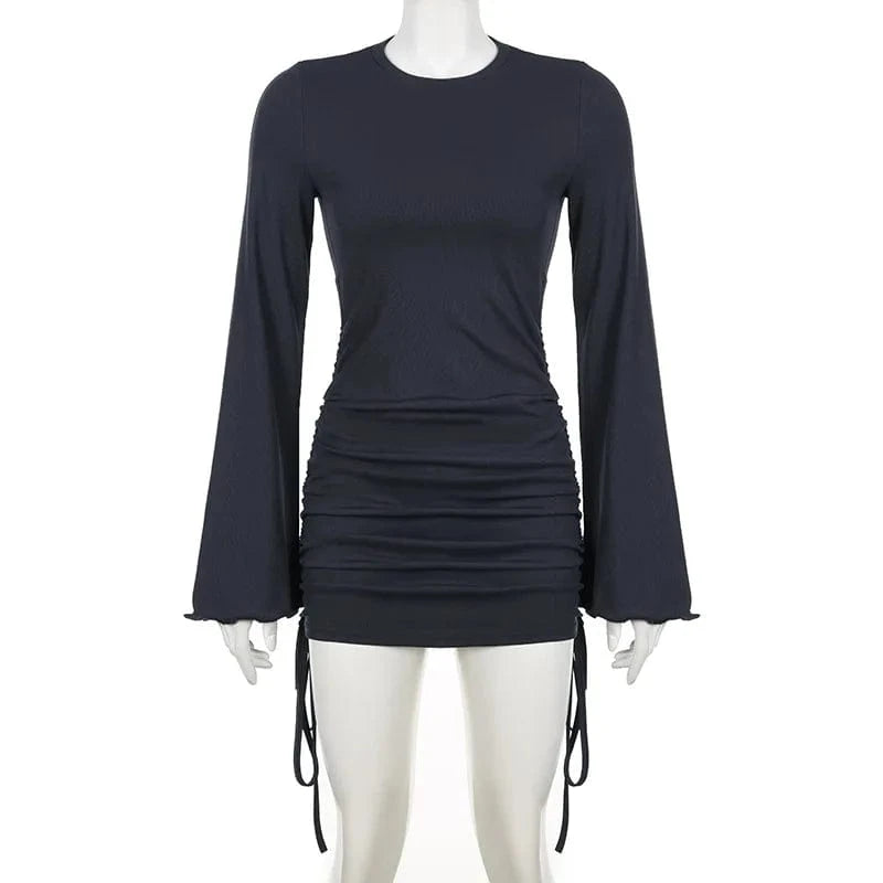 L / Black 2024 new solid color ribbed flare long sleeve sexy slim bodycon dress woman