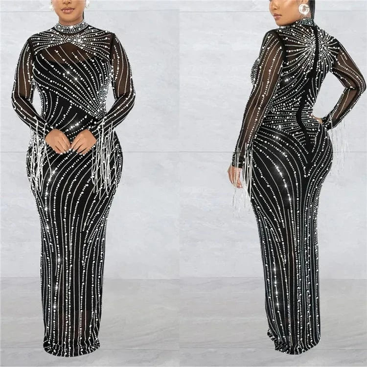 L / Black 2024 Summer 2 Piece Set Rhinestone Mesh High Neck Long Sleeve Tassels Bodycon Midi Maxi Long Dress For Women