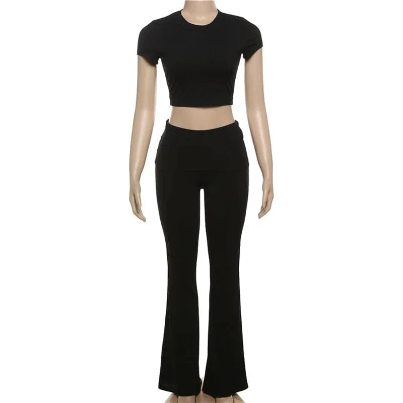 L / Black 2024 Women's Spring Clothing Tracksuits Sets Sexy Soild Crop Tops And High Waist Flare Pants 2 Piece  ribbed Lounge wear Set
