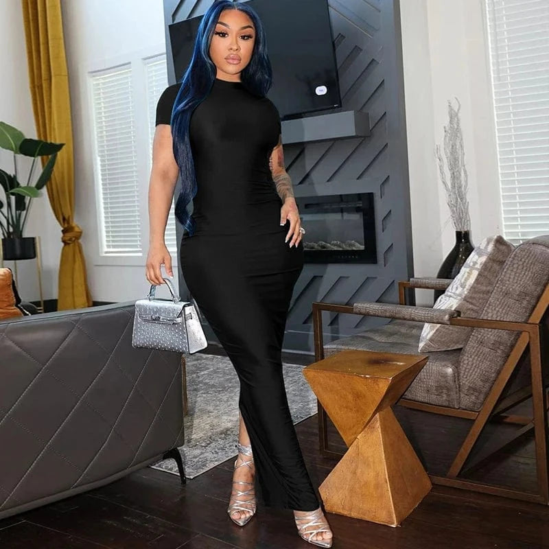 L / black 2103 Short Sleeve Solid Bodycon Io Neck Midi Elegant Slit Women'S Dresses Summer Evening Party Club Prom Women'S Clothes