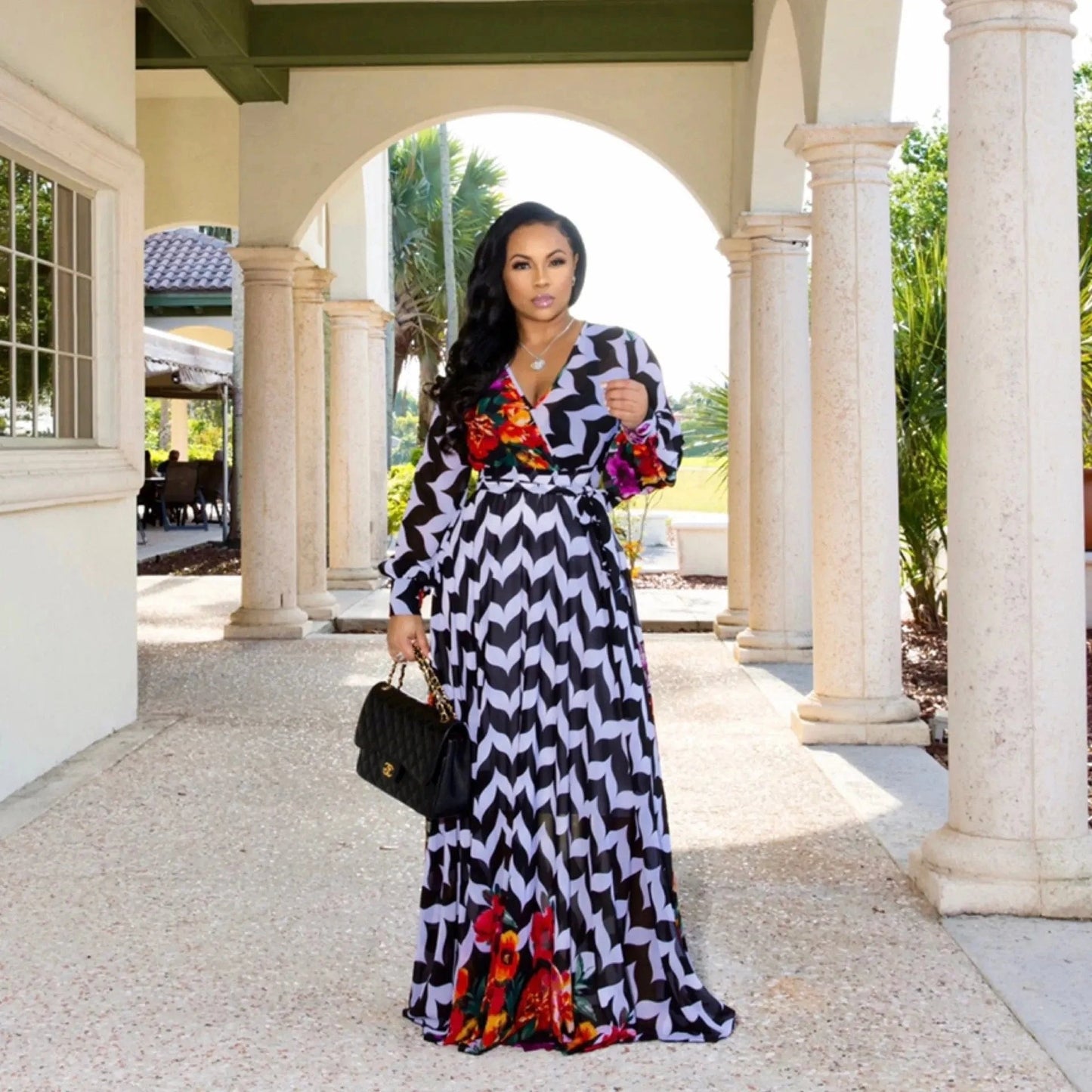 L / Black and white stripes Wholesale Bohemia Woman Casual Dress Plus Size African Style V Neck Floral Print Chiffon Maxi Dresses Clothing Women Summer 2022
