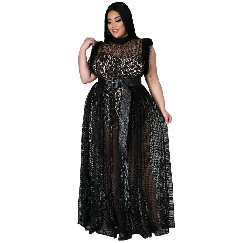 L / Black best selling dropshipping products 2024 women's temperament see-through sexy mesh long skirt plus size dress two piece set