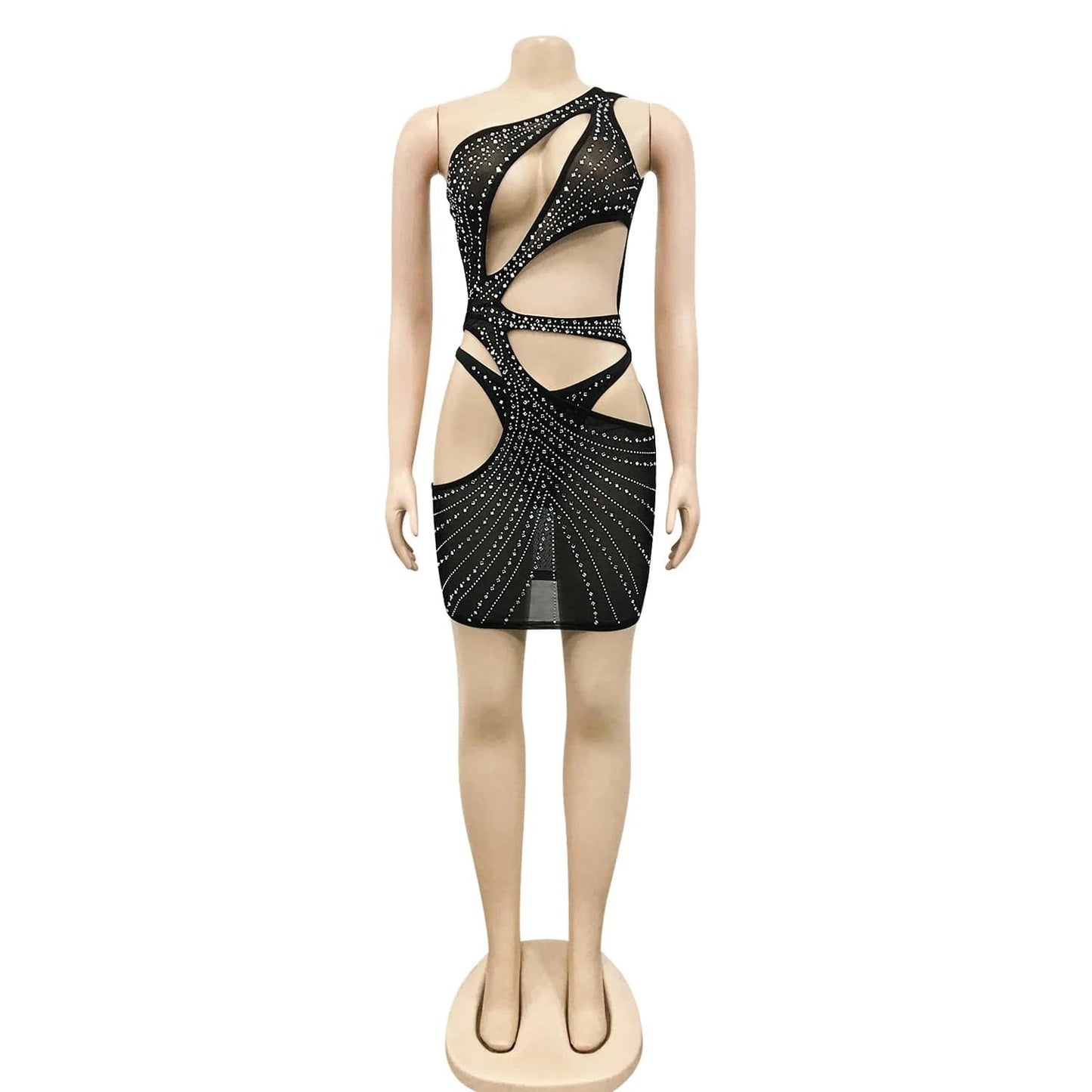L / Black Bomblook C117DS02 2024 Spring New Arrivals One Shoulder Outfits Cutout Outfits Party Club Beading Mini Mesh Dress With Underwear