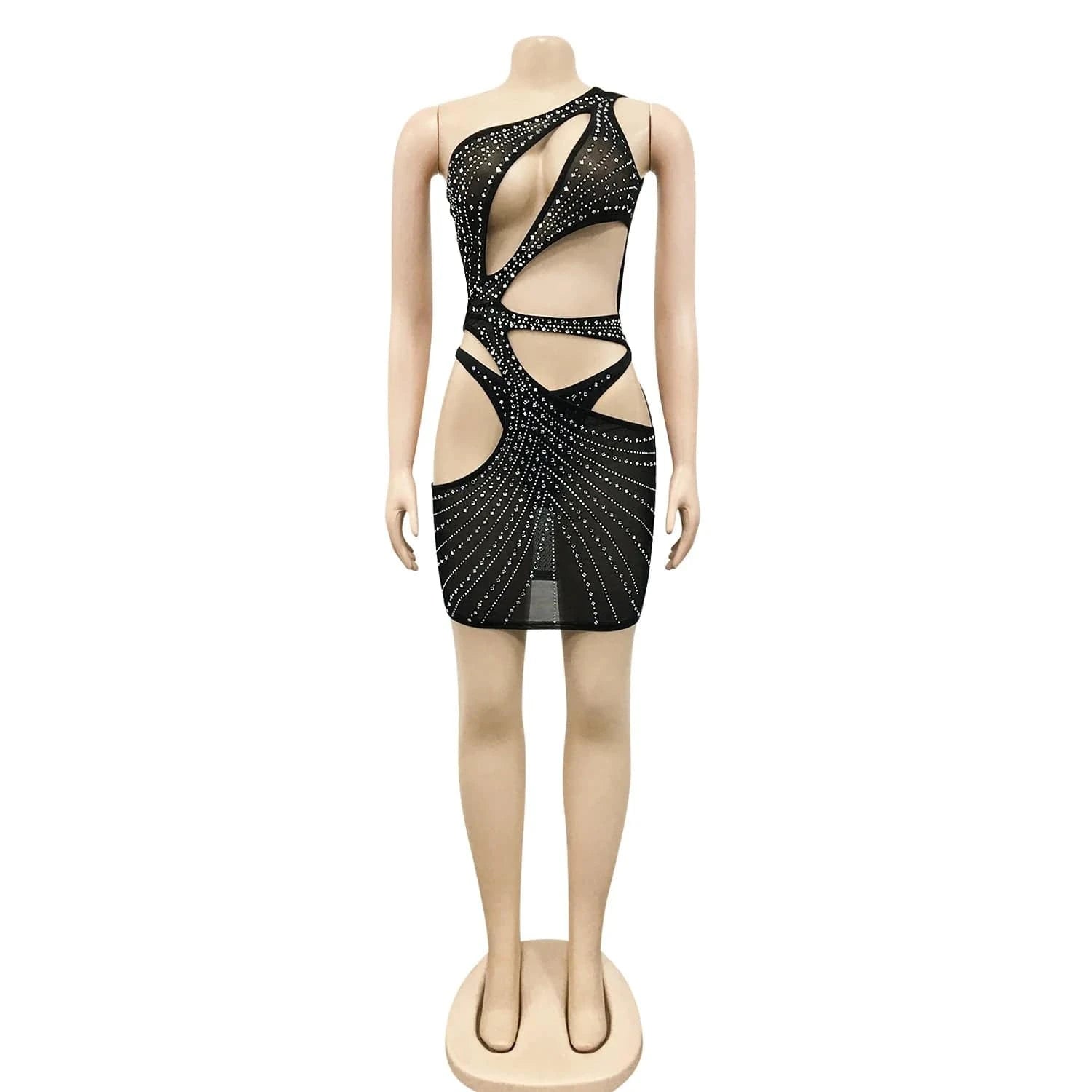 L / Black Bomblook C117DS02 2024 Spring New Arrivals One Shoulder Outfits Cutout Outfits Party Club Beading Mini Mesh Dress With Underwear