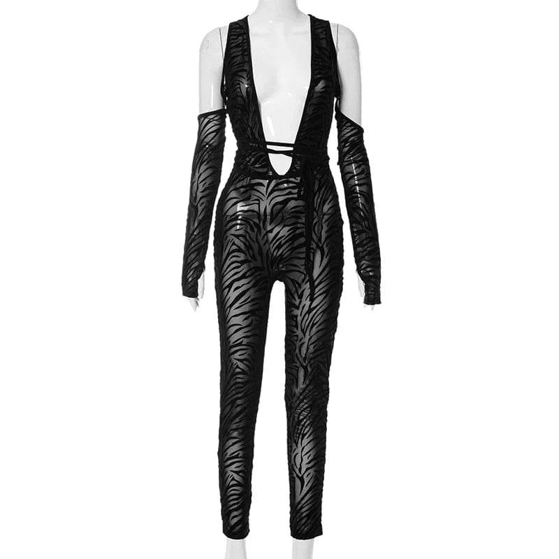 L / Black Bomblook D23JP196 Flocked Patchwork Off Shoulder Women Jumpsuit Women Deep V Neck Jumpsuit 2024