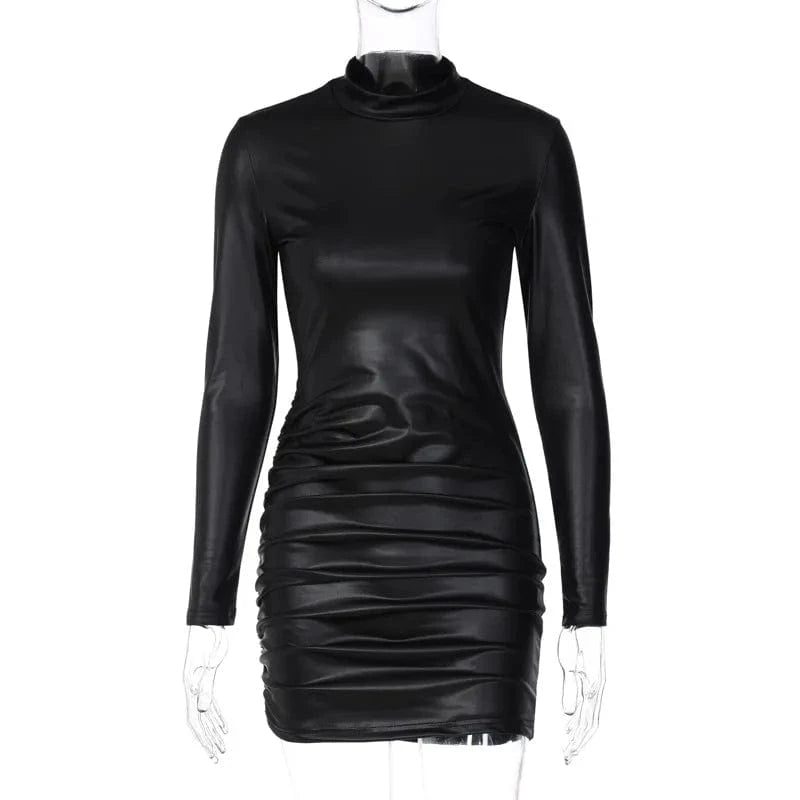 L / Black Bomblook LCDS45 2024 New Arrivals PU Leather Party Wear Pleated Long Sleeve Bodycon Mini Dress