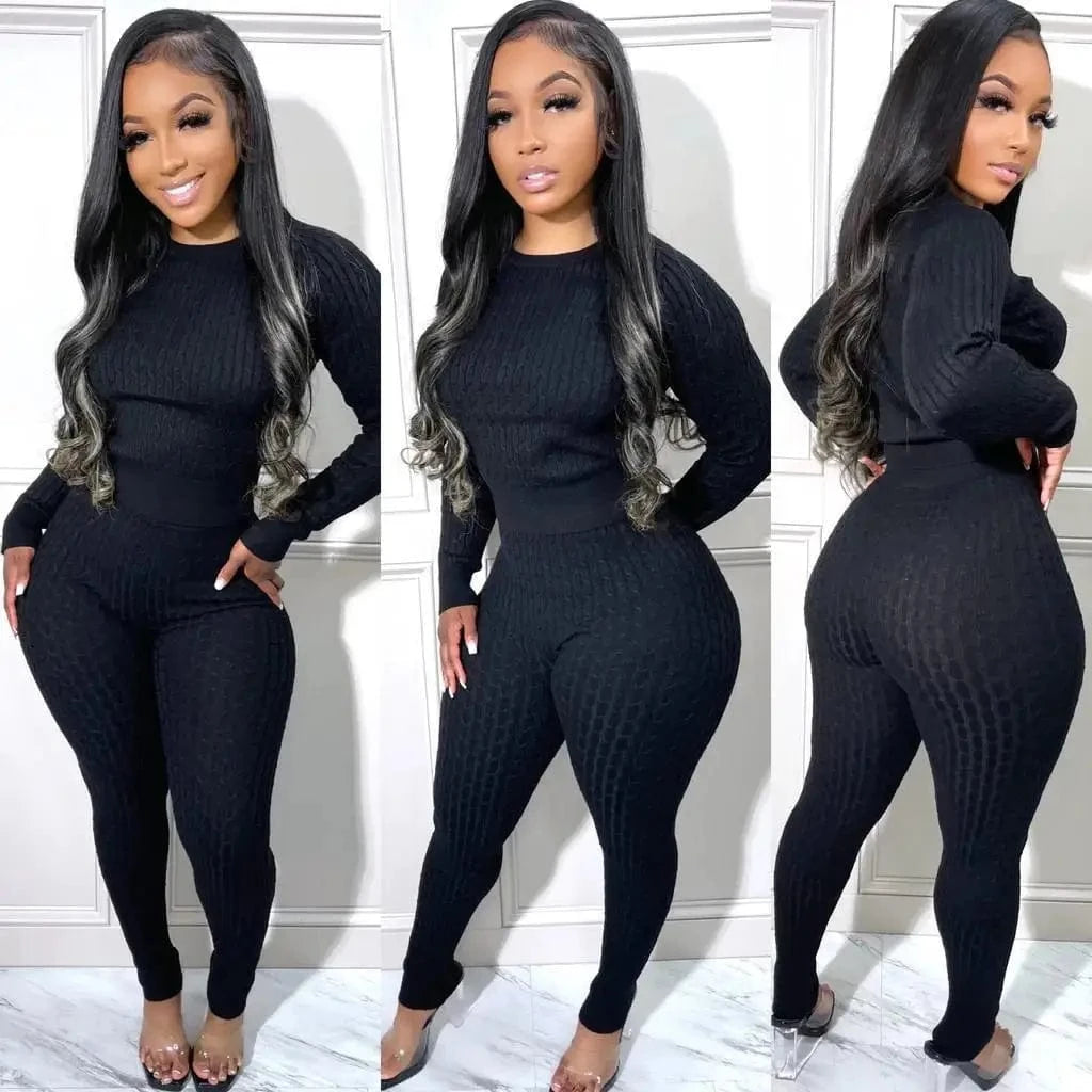 L / Black custom logo Thick 2 Piece Women knitted sweater two piece pants set 2024 fall winter fashion trending 2 piece sweater set