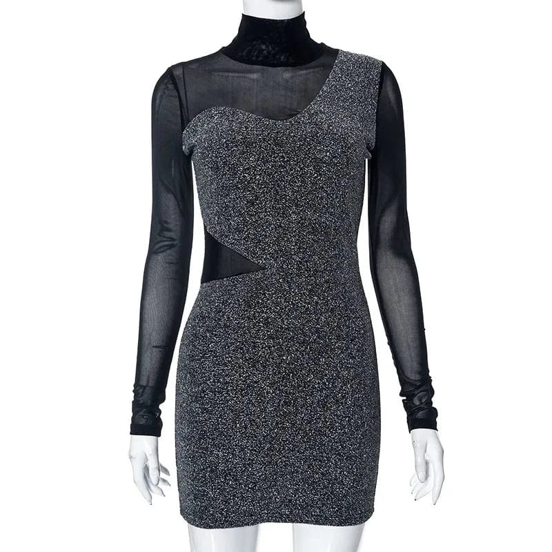 L / Black D23ds185 Autumn 2024 New Gold And Silver Wire Patchwork Mesh Long Sleeve Sexy Dress Bodycon Casual Dress For Women Lady