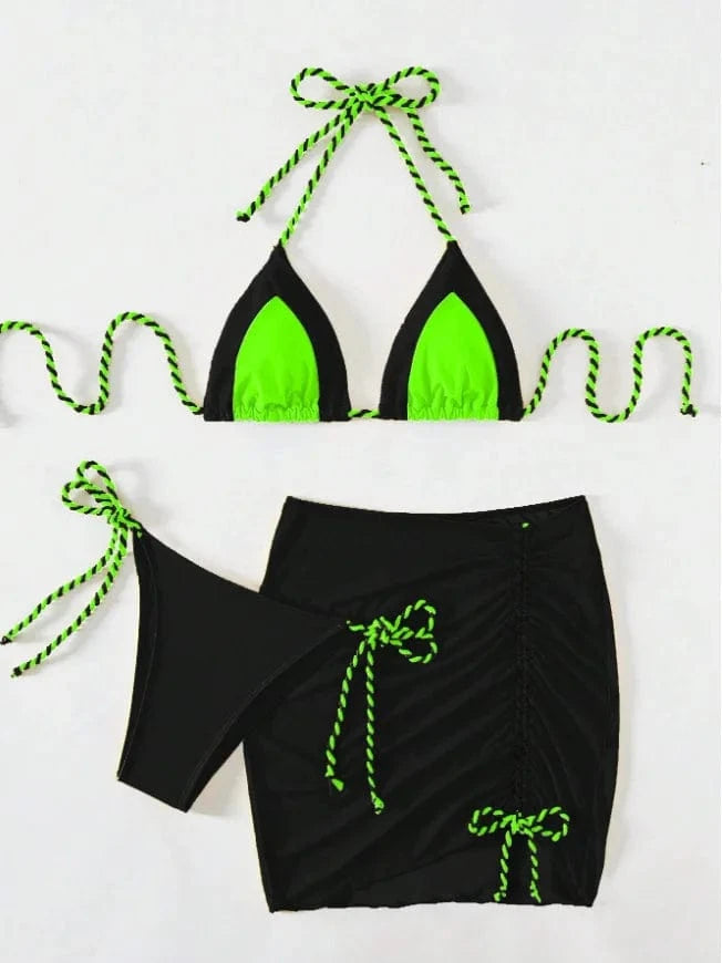L / Black DAMOCHIC Mini Micro Bikini Modest Bathing Suit 3 Piece Swimwear Beachwear Halter Tops Beach Skirt Cover Up Swimsuit Bikini 2024