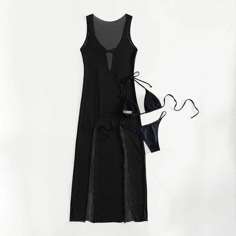 L / Black DAMOCHIC Sun screen three-piece set Swimsuit Summer Solid color Bathing Suit Halter&Lace up Beachwear for women 2023