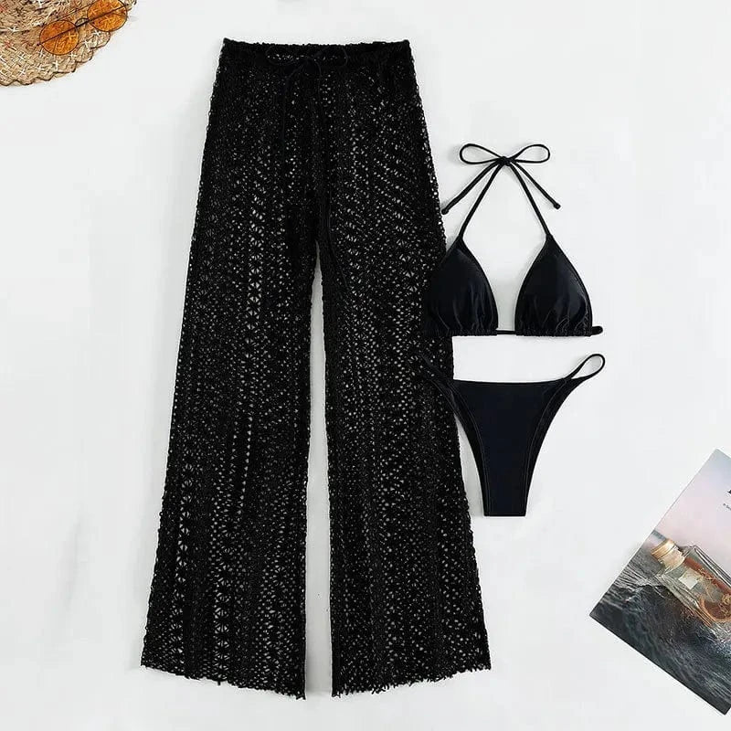 L / Black DAMOCHIC Three-piece set Swimwear Summer Halter&Lace up Backless Bikini Solid color Hollow out pants Beachwear 2023