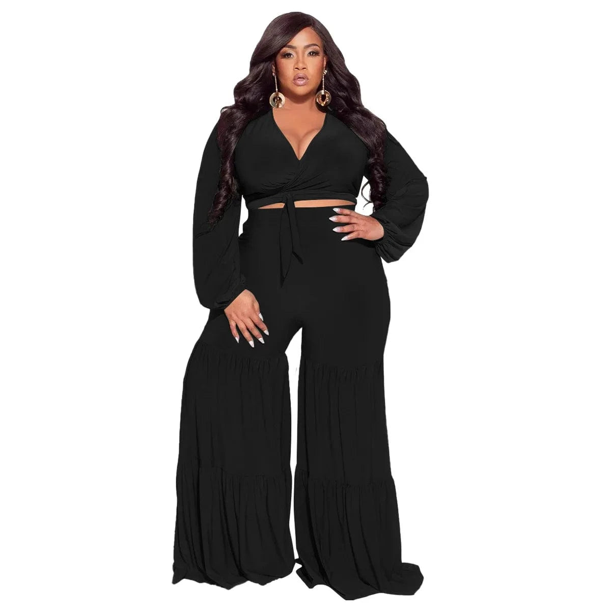 L / Black dropshipping products 2024 plus size women's sexy deep V-neck lace-up long-sleeved patchwork straight pants set