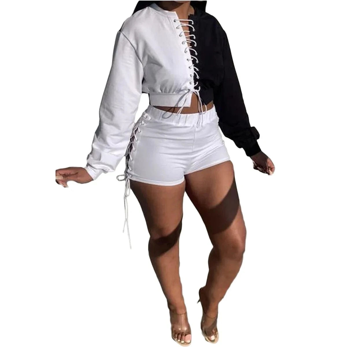 L / Black Fall Clothes for Women Short Pants Two Piece Set Women Shorts Set Loose Colorblock Tracksuit Lace Up Sweat Suit Set