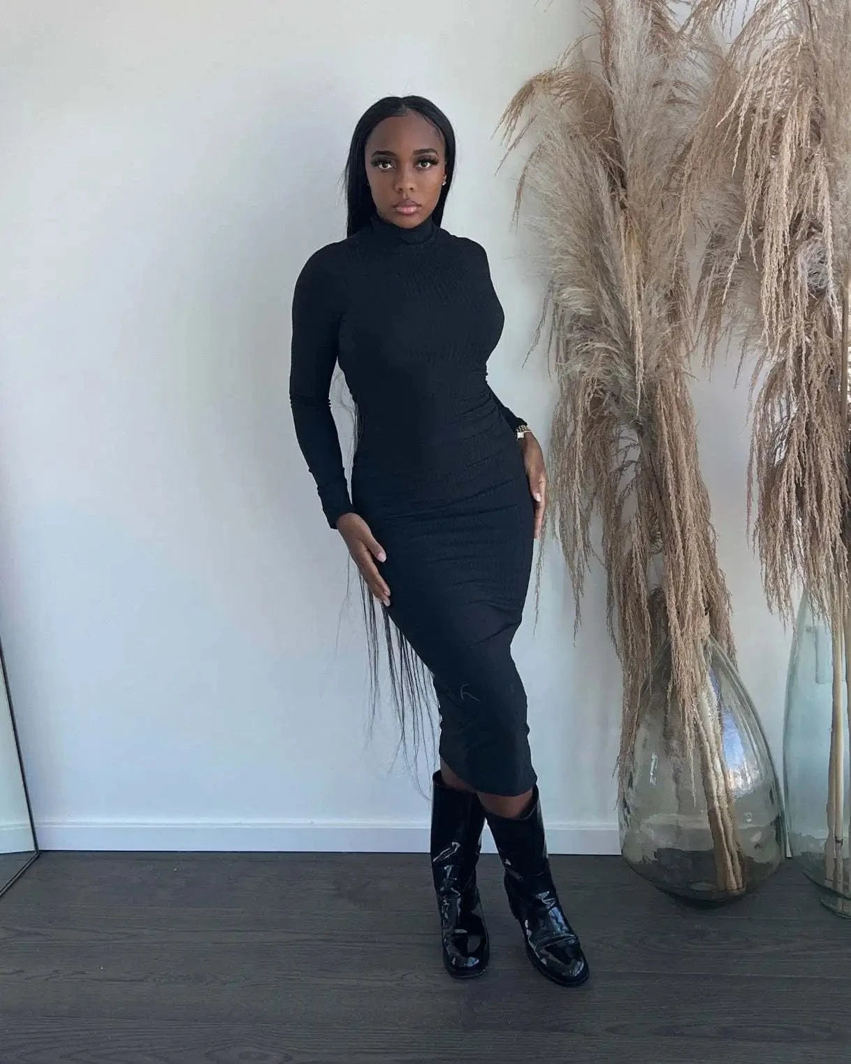L / Black Fall &Winter Women Dress Slim Fit Bodycon Turtleneck Ribbed Ladies Solid Long Dress for Women Clothing