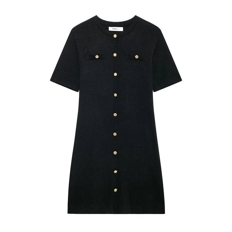 L / Black GX5021 Summer 2024 Elegant Women Clothing Vendor Short Sleeve Knitted Dresses Fashion Sexy O-Neck Style Party Evening Mini Dress