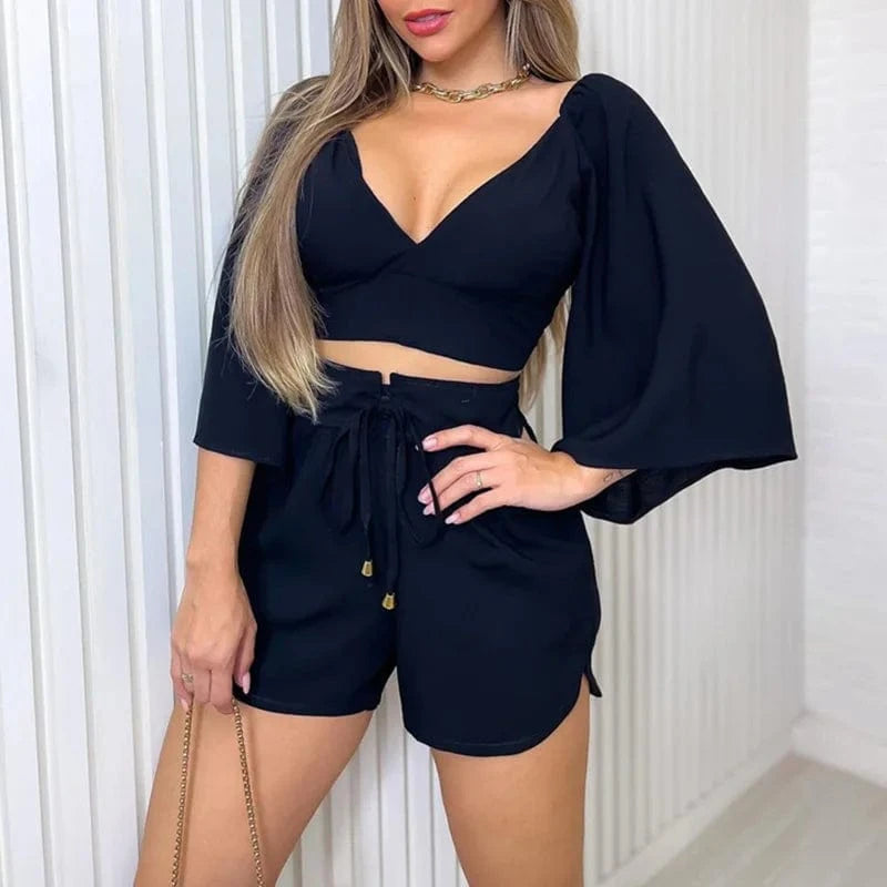 L / Black Hk3036 2024 New Elegant Women's Two Piece Shorts Set V-neck Halter Flared Sleeve Shorts Suit Fashion Casual 2pc Outfit