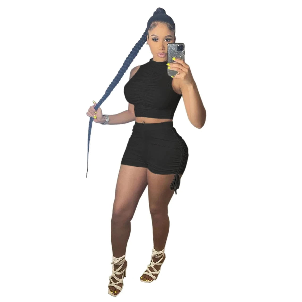 L / Black Hot Sale Sleeveless Pleated Tank Top Shorts Solid Color Mid High Collar Sexy Sports Casual Women's Two Piece Shorts Set