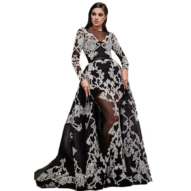 L / Black Hot Sales Graceful Lady Evening Dress Shiny Sexy Party Gown Embroidery Sequin Evening Dress