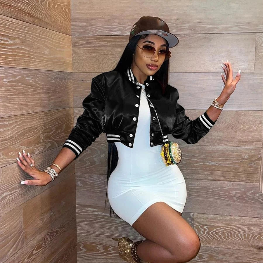 L / Black Kliou K23C34432 Autumn Women Short Preppy Style Ribbed Varsity Jacket Casual Old School Vintage Young Crop Tops Coat