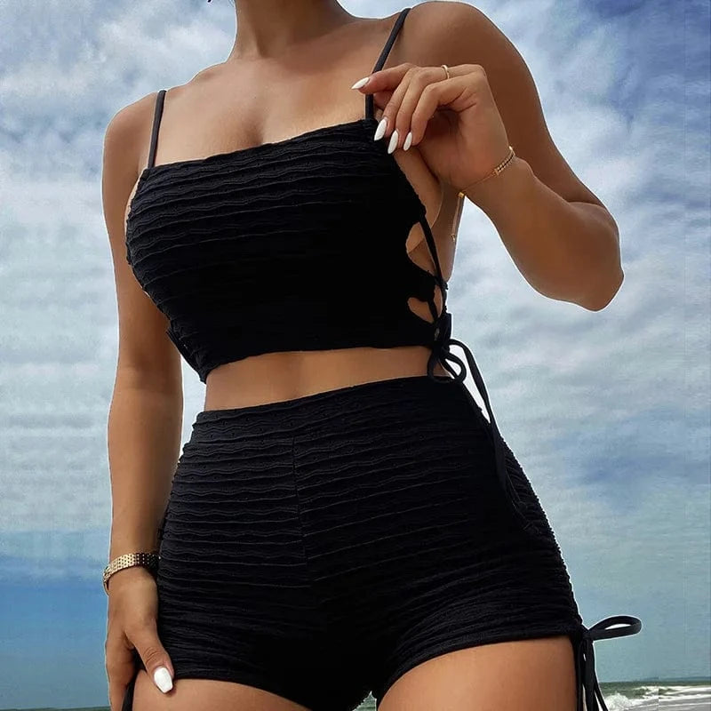 L / Black Lady Popular Two Piece Black Swimwear Push-Up High Cut Bikini Sexy High Waist Women Sexy Straps Side Cross Bandage Swimsuit 2024
