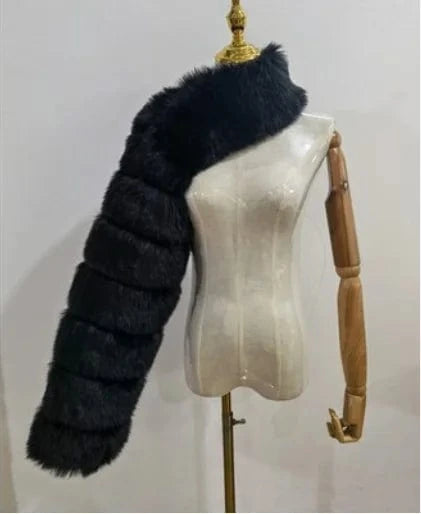 L / Black Liu Ming New Arrivals Women Faux Fox Fur One Sleeve Fashion Luxury Lady Winter Fur Warm Plus Size Coats
