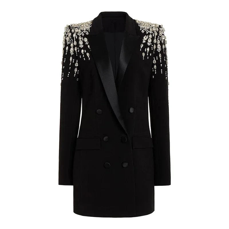 L / Black Luxury Fine Workmanship Rhinestone Beading Shoulder Double-breasted Long Sleeve Women Office Blazer Short Mini Notched Dress