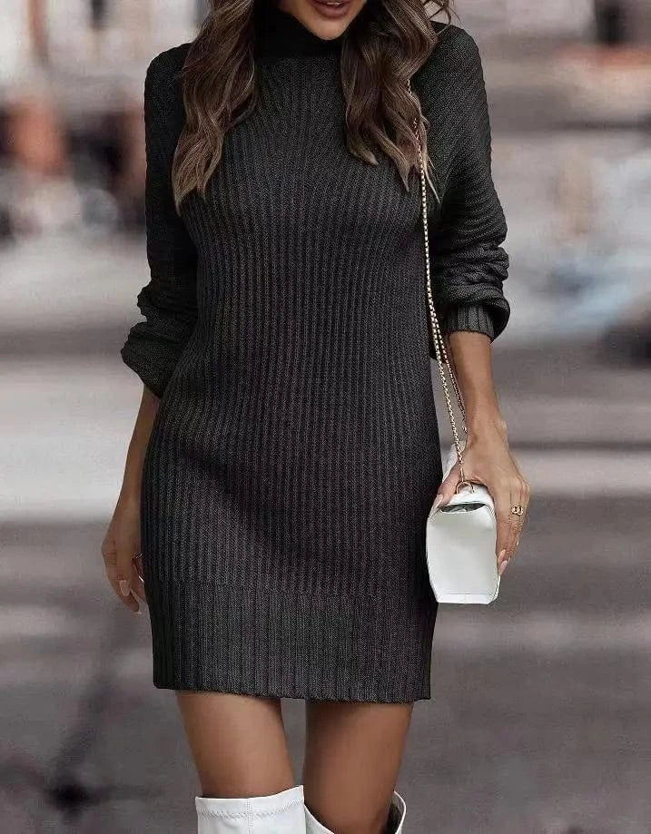 L / Black New Arrival Clothes Vintage Winter Knitted Dress Ladies Chic Turtleneck Lantern Long Sleeve Mini Sweater Dresses for Women