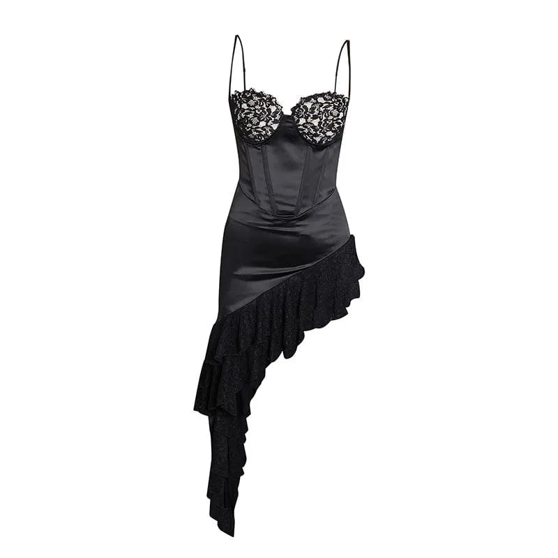 L / Black OUDINA 2024 Hotselling Ruffle Dress High Slit Tube Top Elegant Evening Pleated Lace Party Dress For Women