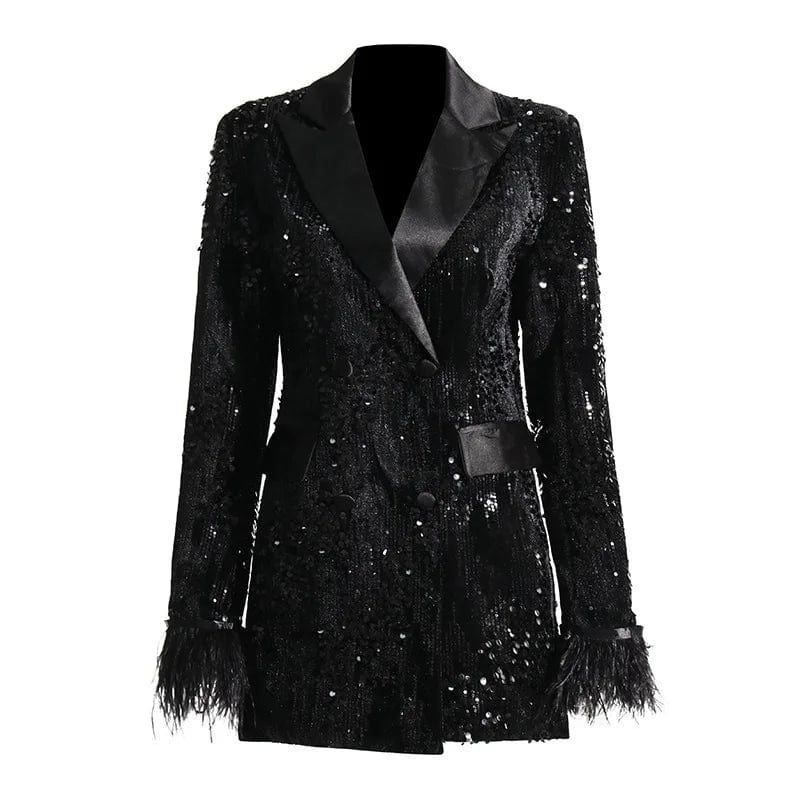 L / Black OUDINA 2024 New Fashion Light Luxury Sequin Blazer Women Style Slim Cuffs Fur Splicing Women's Suits Blazers