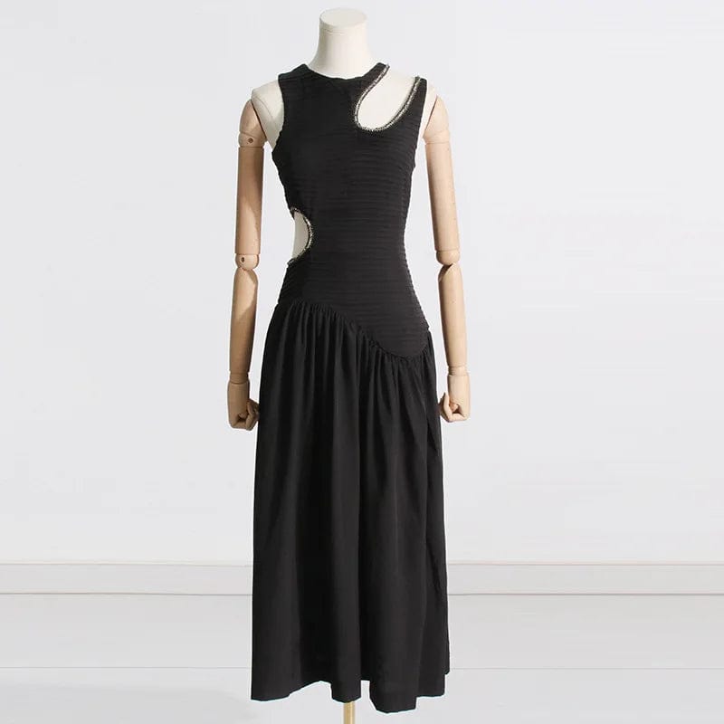 L / Black OUDINA 2024 New Spring French Round Neck Hollow Waist Long Pleated Dresses Elegant Women Casual Dress