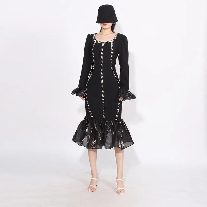 L / Black OUDINA 2024 New Style Fashionable Square Neck Diamond Design Fishtail Dress Fishtail Dress Ruffle Long Dresses Women