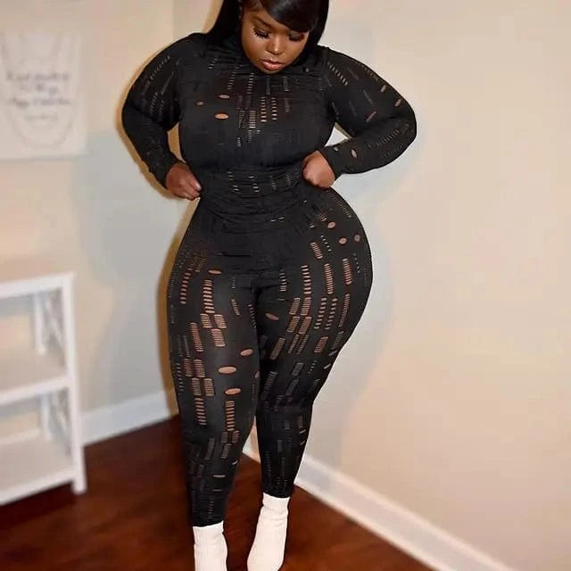 L / Black Plus Size 2 Piece Set Women Clothing Hole Sexy Clubbing Outfits Long Sleeve Top Trousers Female Tracksuit Two Piece Pants Set