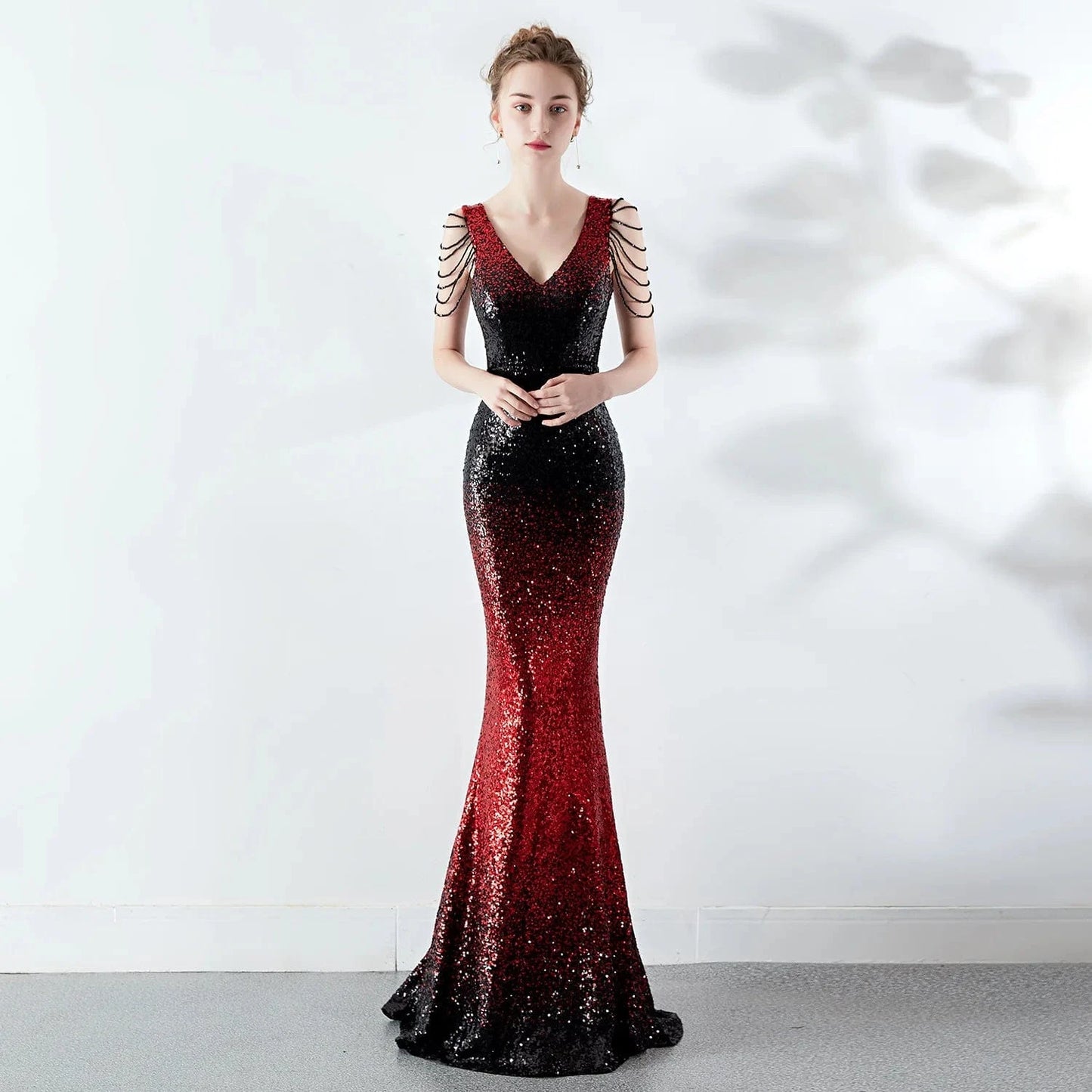 L / Black red black 16180#6 2024 New Women Annual Party Hosting Club Evening Gradient Crystal Chain Sexy Slim-fit Party Dress