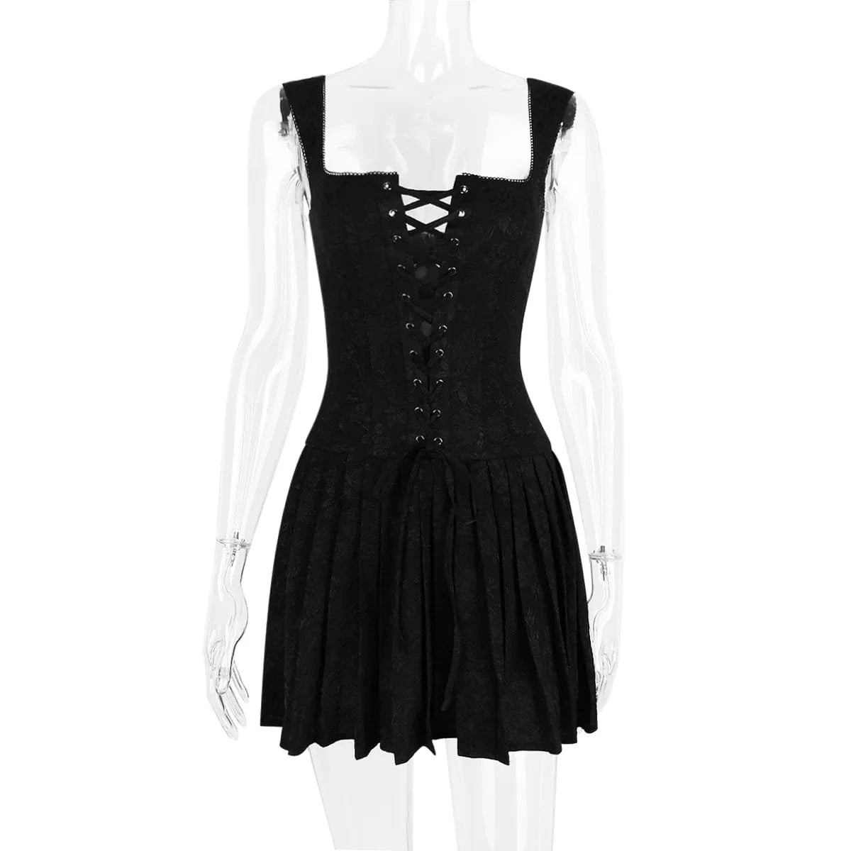 L / Black Sexy Lace Up Dresses for Women 2024 Vintage Embroidery A Line Pleated Dress Mini Birthday Party Dress