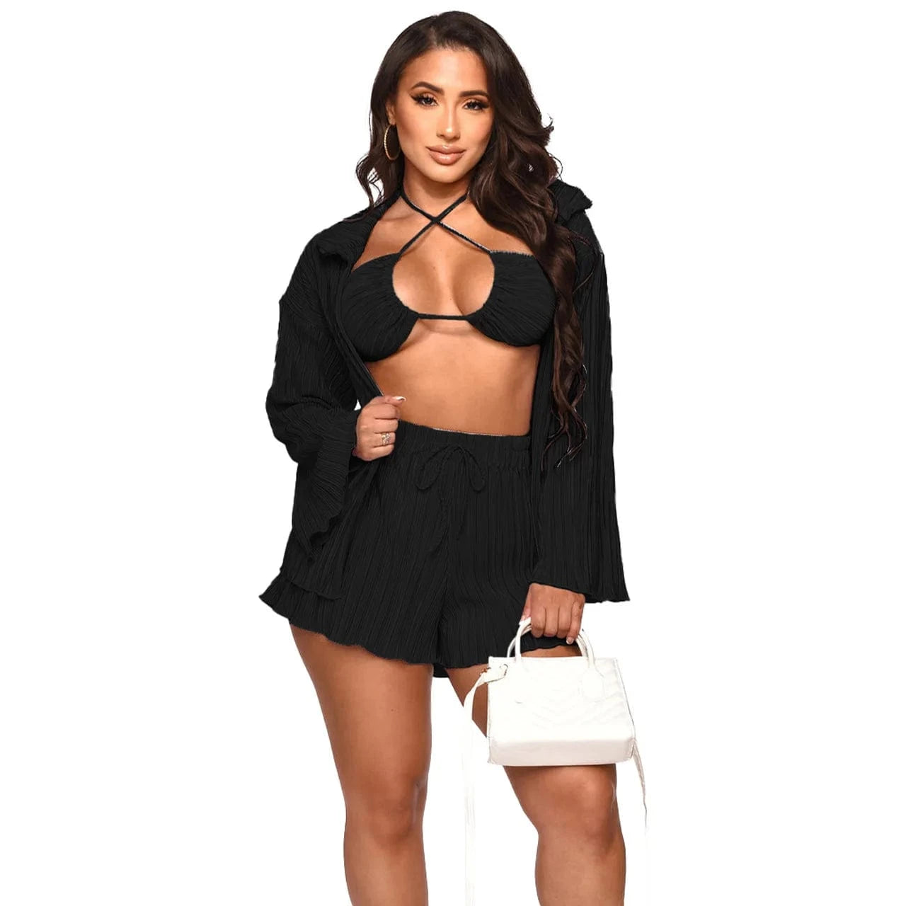 L / Black Sexy Long Sleeve Shirts 3 Pieces Solid Pleated Suits Female Fashion Straight Bikini Cardigan Outfits Bra And Biker Shorts Set