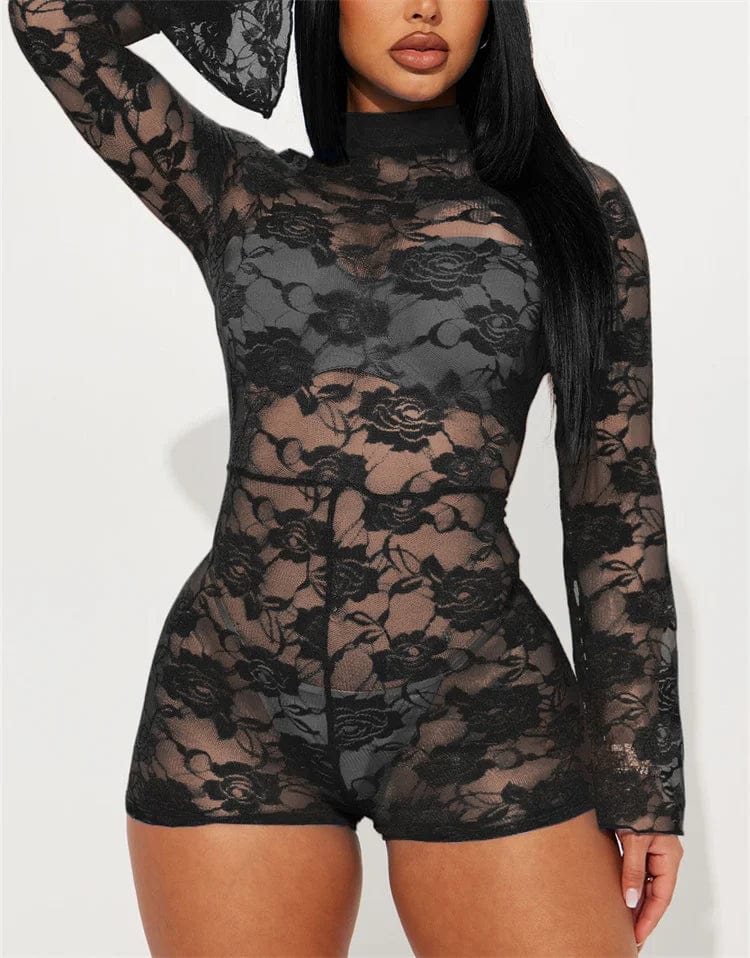 L / Black Sexy See Through Flower Lace Jumpsuits 2024 New Long Sleeve Women One-piece Romper for Party Night Club Bodycon Outfits