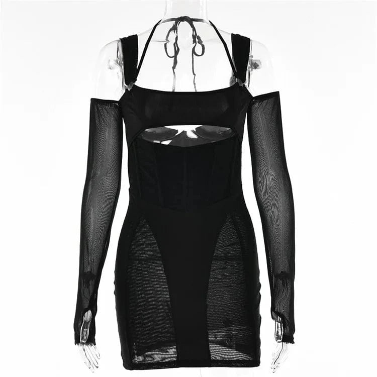L / Black Sheer Mesh Patchwork Dress Long Sleeve Corset Cut Out Backless Lace Up Short Party Dresses Sexy Club Outfits for Women