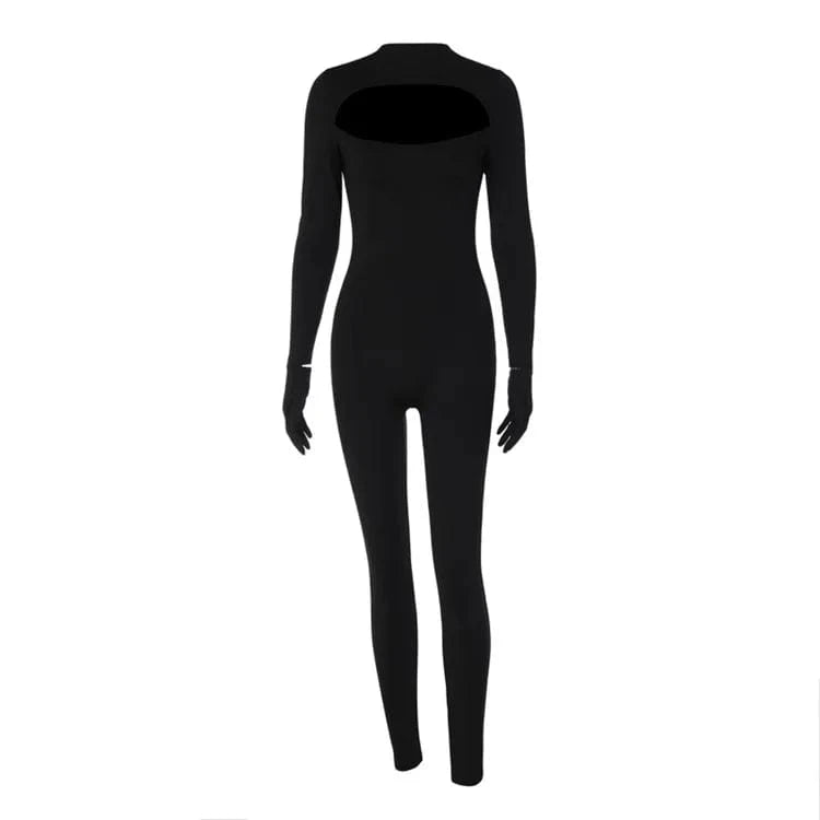 L / Black Solid Turtleneck Long Sleeve Hollow Out Gloves Sexy Bodycon Jumpsuit 2024 Fall Spring Women Romper