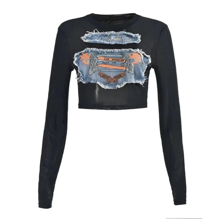 L / Black / Spandex / Polyester Mesh Applique Denim Y2K T-Shirts Women Hipster Sexy O-Neck Long Sleeve Slim Crop Tops 2024 Summer Graphic Tees