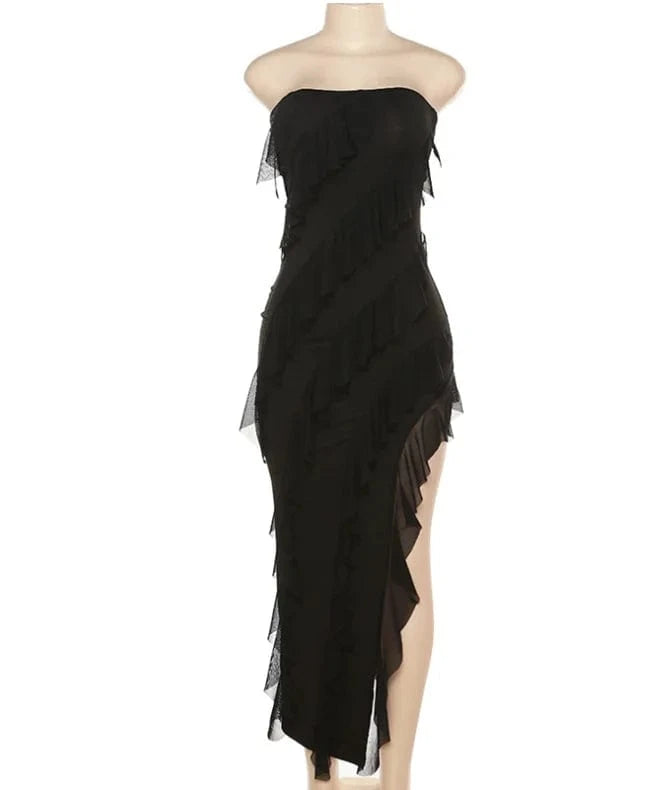 L / Black Summer Chic Slit Maxi Dress 2024 Fashion Strapless Bodycon Dresses For Women Sexy Party Split Ruffles Long Dress