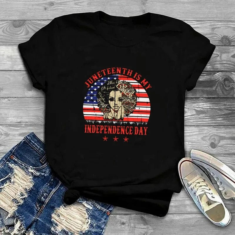 L / Black-T24- 10949627 Wholesale Juneteenth Is My Independence Black Afro Women T-Shirt Woman Clothing Ladies Tshirt Graphic Tee Shirt