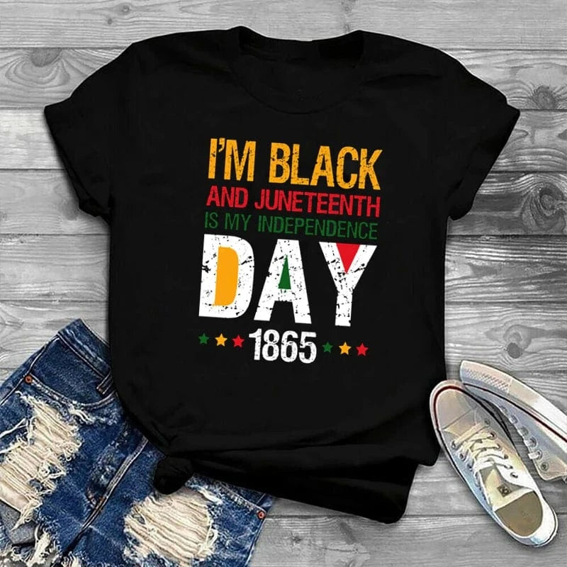 L / Black-T24-11019937 Wholesale Juneteenth Is My Independence Black Afro Women T-Shirt Woman Clothing Ladies Tshirt Graphic Tee Shirt